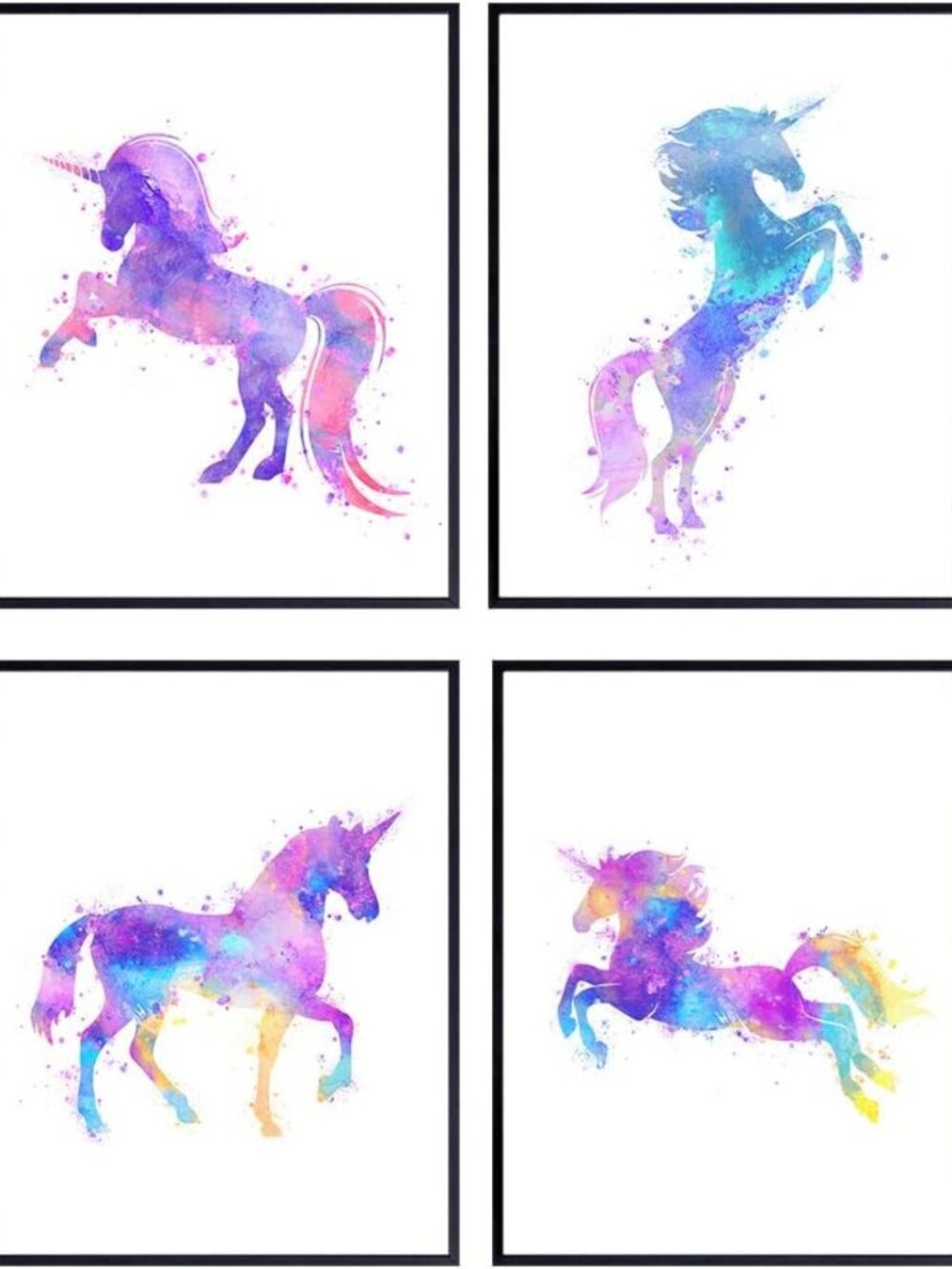Unframed Purple Unicorn Watercolor Art Prints - Set of 4 for Girls' Room Decor